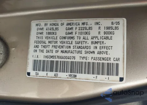 2006 Honda Accord 2.4 Ex из США, поврежденный, VIN 1HGCM55766A004076